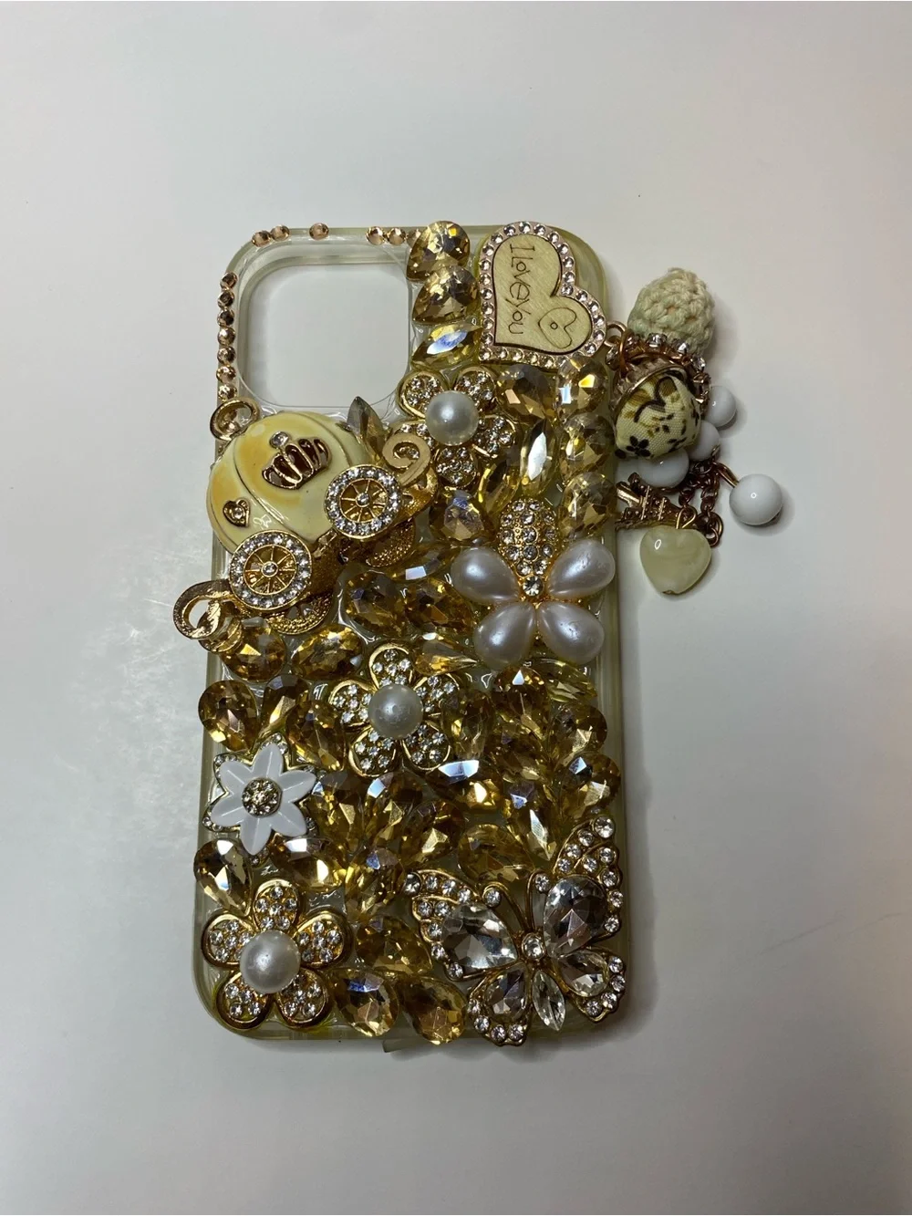 iFiLOVE for iPhone 13 14 Bling Diamond Butterfly Flower Case (Champagne)